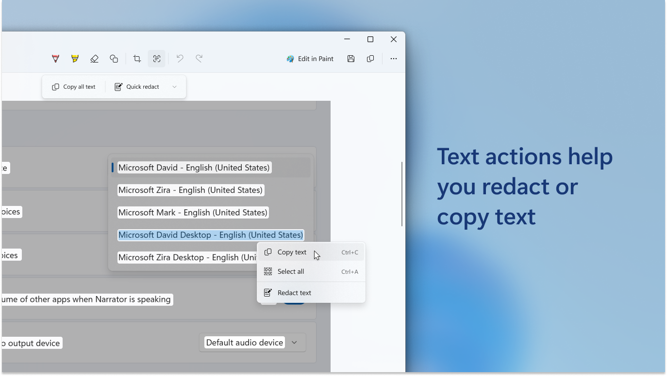 Snipping Tool Text actions with Copy text and Redact text on detected OCR regions