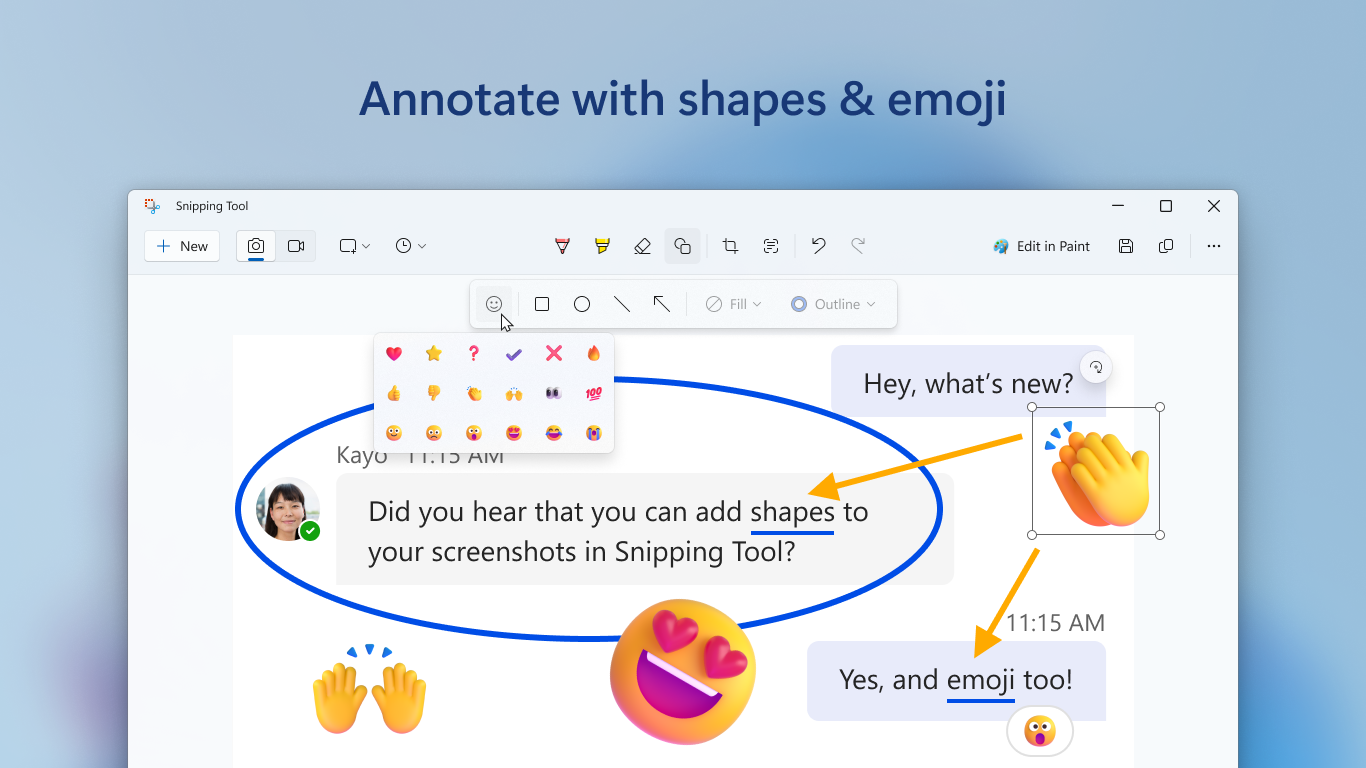 Snipping Tool shapes and emoji picker over a chat screenshot with arrows