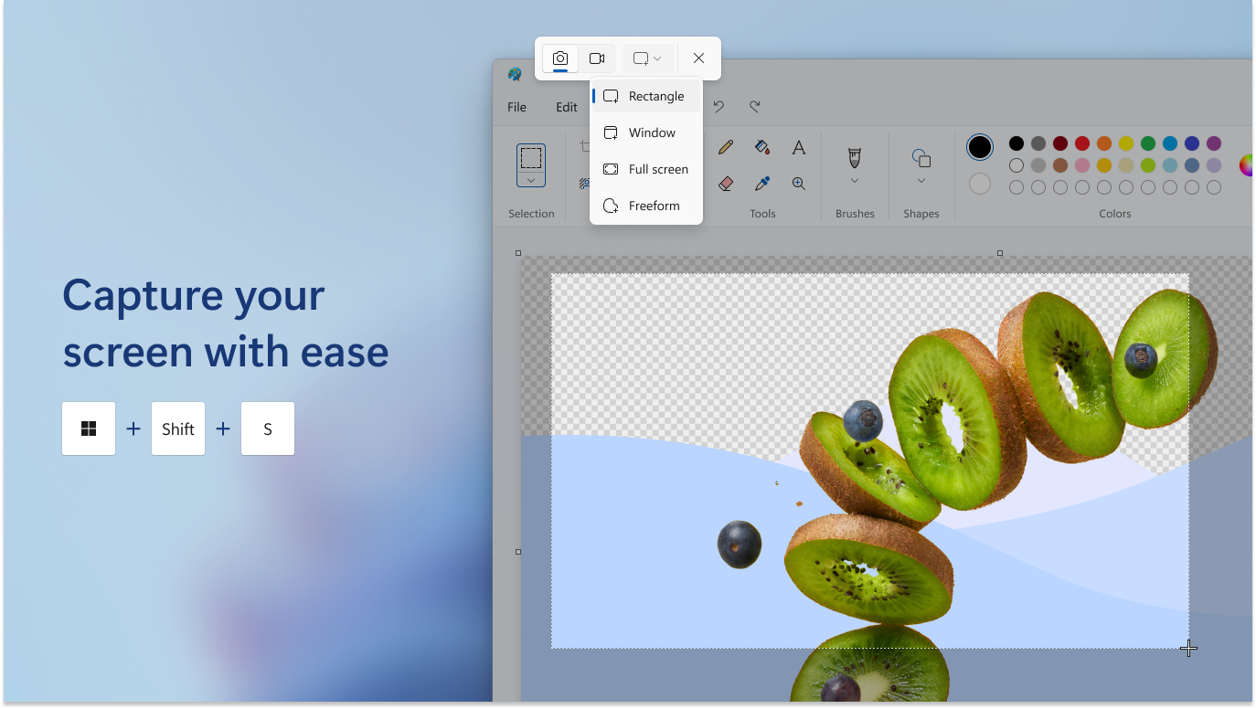 Snipping Tool capture bar showing Rectangle Window Full screen Freeform